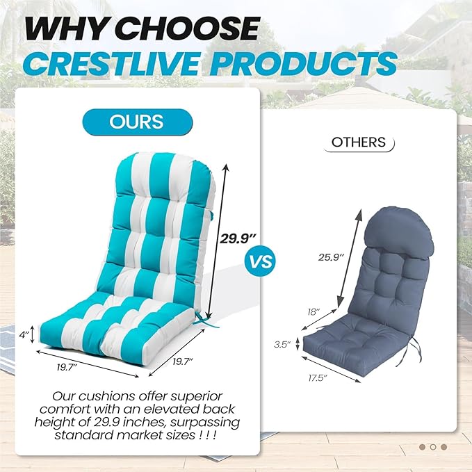 Crestlive 50x20x4 Inch Adirondack Chair Cushion Outdoor Rocking Chair Cushions Water Resistant High Back Patio Chair Cushions Set of 2 Thick Patio Replacement Cushion Blue Stripe