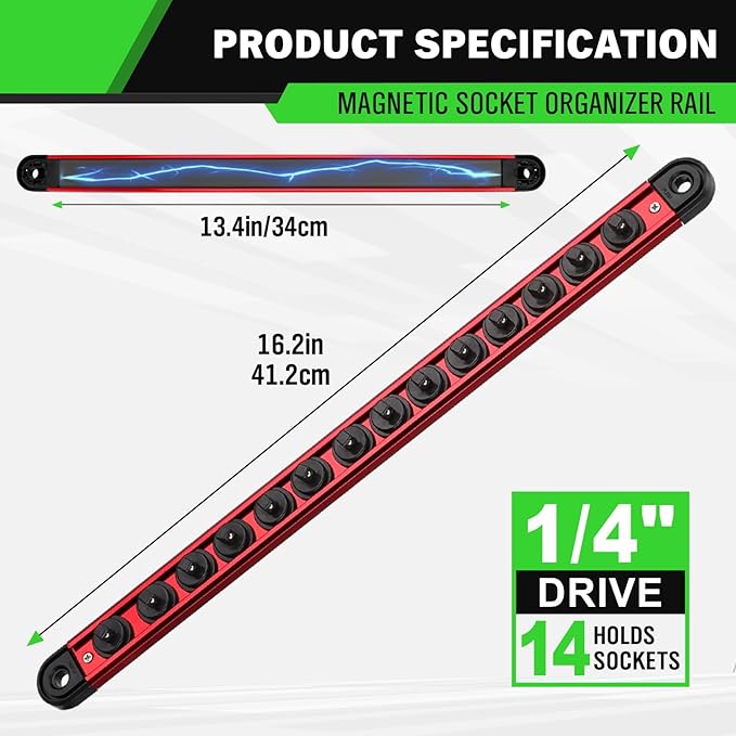 1/4-Inch Magnetic Socket Organizer Rail, Aluminum Alloy Socket Rail, Heavy Duty Sockets Holder with 14 Clips, 360° Swivel Clip Tool Tray, Sockets Organizer for Tool Box Drawer (Red)