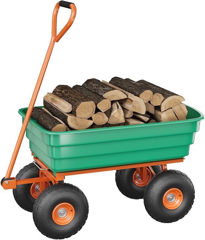 600 LB Garden Dump Cart with Quick Release System, Poly Garden Wagon with 180° Rotating Handle & All Terrain Tires, Yard Cart Utility Wagon for Landscaping, Gardening, Green & Orange