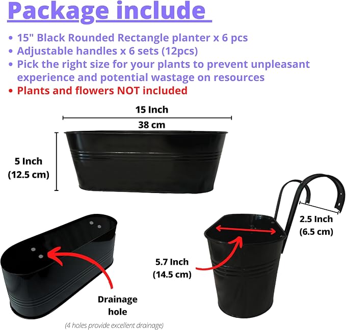 LaLaGreen Outdoor Plants Rail Planter (15 Inch, 6 Pack) Black Metal Iron Hanging Flower Pots Deck Railings Fence Balcony Buckets Modern Boho Style Window Box Plant Holder Hooks Porch Home Garden Decor