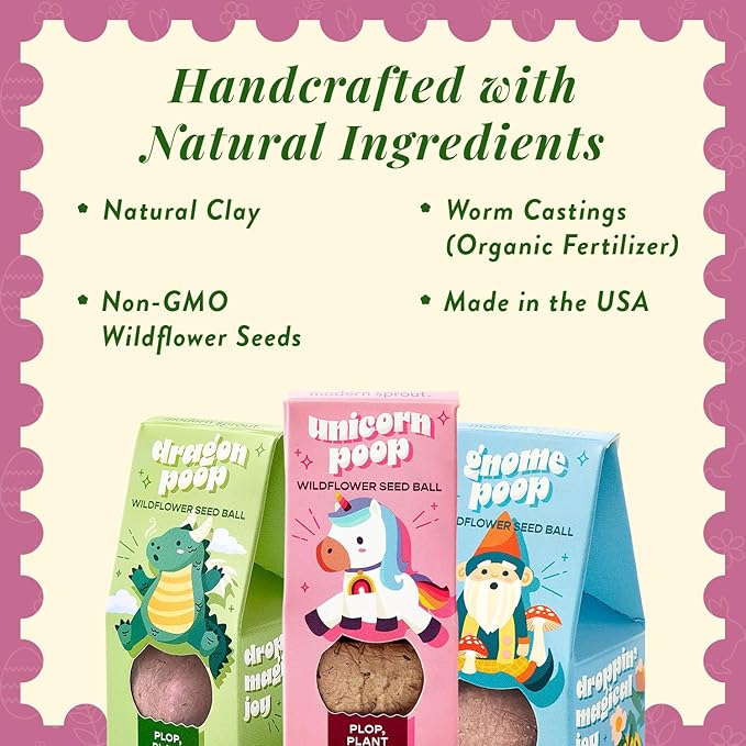 Modern Sprout Wildflower Seed Ball Poop - Eco-Friendly Gift - Non-GMO Hand-Rolled Clay Seed Bombs w/Wildflower Seeds - Plop Plant & Grow Gardening Gift Set for All Occasions (Magical Plop- Pack of 3)