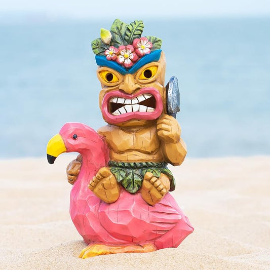 Solar Tiki Garden Statue Outdoor Decor with Flamingo Waterproof for Tiki Bar, Patio, Balcony, Yard, Lawn, Front Door Decorations, Gardening Gift for Tiki Man