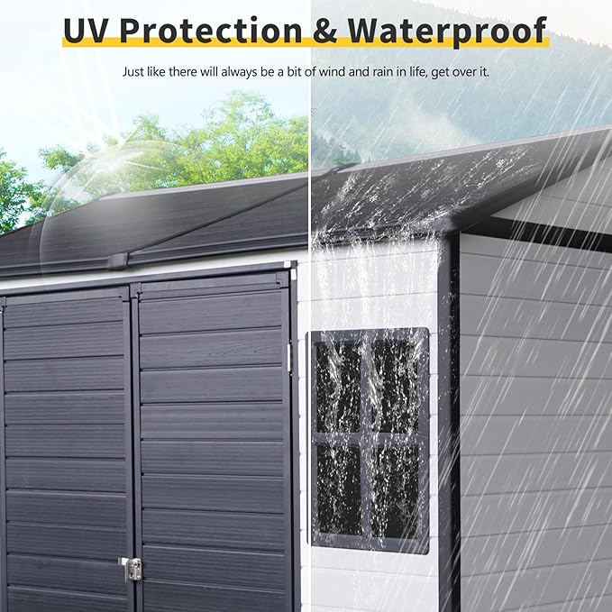 Ball & Cast 8x6 FT Resin Outdoor Storage Shed,Waterproof Garden Organizer Tool House with Floor & Two Windows,Backyard Cabinet w/Lockable Door and 2 Ventilation,Shelter for Car,Lawnmower,Grey+White