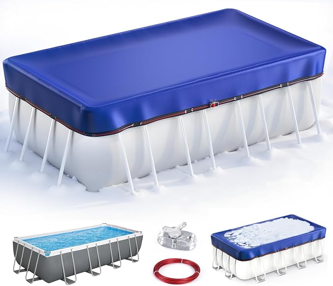 UIRWAY Upgraded 12x24 ft Rectangular Pool Cover- 200gsm Heavy Duty Fabric Pool Cover for Above Ground Pools, Extra Thick & Durable, Cold and UV Resistant, Includes Winch and Cable Set