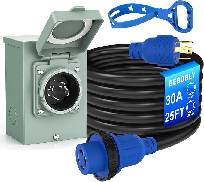 BEBOBLY 30 Amp Power Inlet Box and 25FT Generator Cord, 125V/250V Emergency Power Combo Kit, NEMA 4 Prong Generator Plug, NEMA L14-30P/L14-30R RV Power Extension Cord, Twist Lock