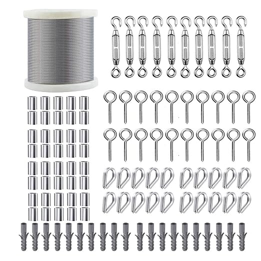 TooTaci M5 Turnbuckles for Cables Wire, 200ft 1/16 Stainless Steel Wire Rope with Tensioner Kit, 1/16 Vinyl Coated Steel Cable for Outdoor Lights Hanging, Climbing Plants, Trellis and Fences