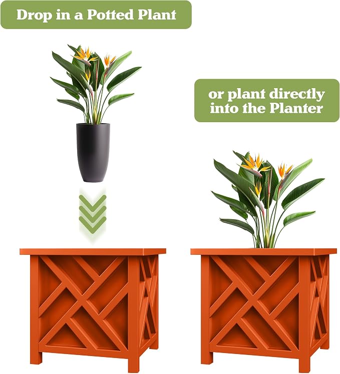 Lattice Design Outdoor Planter Box 2-Pack - 15.5” Square 16.5” Tall Terracotta Decorative Plant Pots for Front Porch Decor - Flower Pots Outdoor Planters for Porch Patio or Garden Decor by Pure Garden