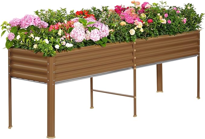 Land Guard Galvanized Raised Garden Bed with Legs, 96×24×32in Raised Garden Beds Outdoor with Drainage Holes, Planter Boxes Outdoor for Backyard, Patio, Balcony, 1200lb Capacity, Brown