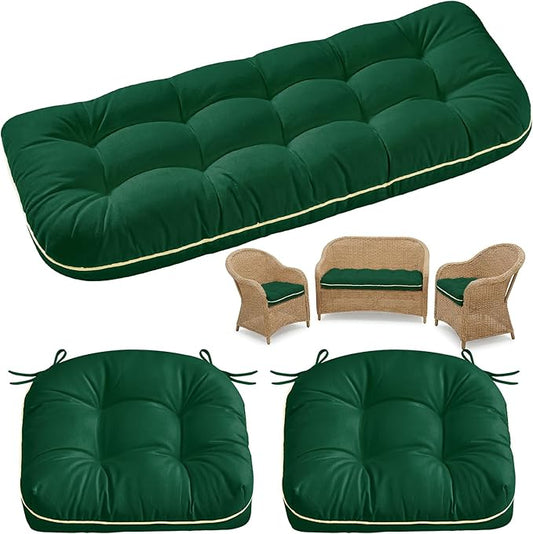 1 MIDDLE ONE Wicker Chair Cushions 3 Pieces Set for Outdoor Furniture, Replacement Patio Wicker Furniture Cushions, 1Pc Loveseat Cushion & 2Pcs Chair Cushions (Green)