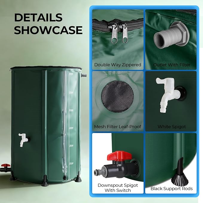 SKM Collapsible Rain Barrel, PVC Rain Water Collection System and Water Tank for Outdoor/Garden/Lawn, Portable Rain Water Collection Barrel Container with Spigots & Overflow Kit, 100Gallon, Green
