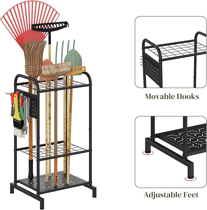 Garden Tools Organizer Rack, Yard Tool Rack, Heavy Duty Steel Yard Tool Organizer and Storage Holder Broom Holder for Shed, Patio, Outdoor (Rack with Hooks)