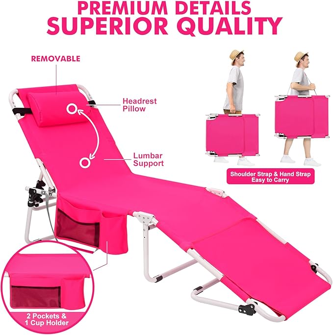 Tanning Chair with Sun Canopy Face Hole Softer Padded Adjustable Washable, Heavy Duty Layout Folding Lounge Chair for Adults Outside Beach Reading Sunbathing Poolside, UPF 50+ Sun Shade, Pink, 300 LBS