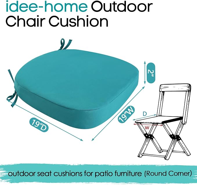 idee-home Outdoor Chair Cushions Set of 4, 19" x 19" Thick D-Shaped Patio Furniture Outdoor Seat Cushions Waterproof with Ties, Dining Pads