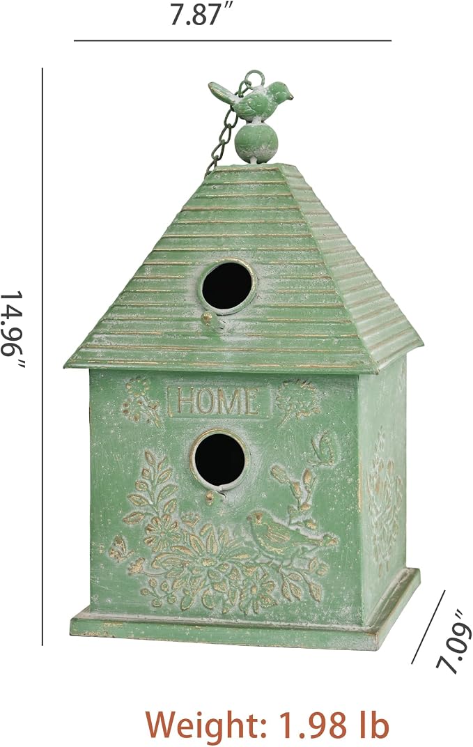 Distressed White Hanging Birdhouse with Home Emblem, Rustic Farmhouse Decorative Bird Nest Box for Outdoor Garden, Patio, Yard, Weathered Bird Shelter for Small Birds (Green)