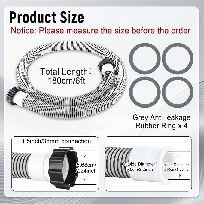 2 Pack 1 1/2 Pool Hose for Above Ground Pools 6ft Long Pool Pump Replacement Filter Hoses 1.5" EVA Swimming Pools Filter Hose for Filters Pumps, Saltwater Systems and Sand filters (Black)