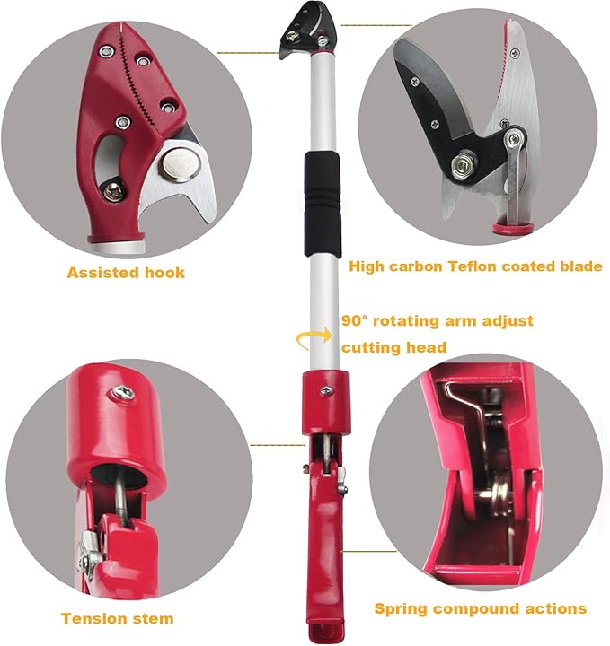 4FT Long Reach Pruner and Fruit Picker with Cut & Hold Feature, Lightweight 1.1lb Aluminum Pole with 90° Rotating Head, High Carbon Steel Sharp Blade, Ergonomic Tree Trimmer for High Branches