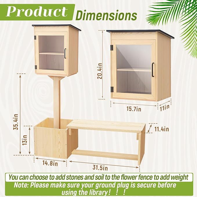 Wonderjune Little Library Box Outdoor with Bench Set, Durable Weatherproof Solid Wood Exchange Box with Floor Plugs and Flower Fence for Neighborhoods, Community, School(Wood)