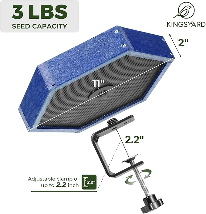 Kingsyard Clamp-On Deck Bird Feeder 11in Hexagon, Adjustable Balcony Railing Clamp 2.2in No-Drill, Recycled Plastic Seed Tray Metal Mesh Drainage Easy-Clean 3 lb,Blue