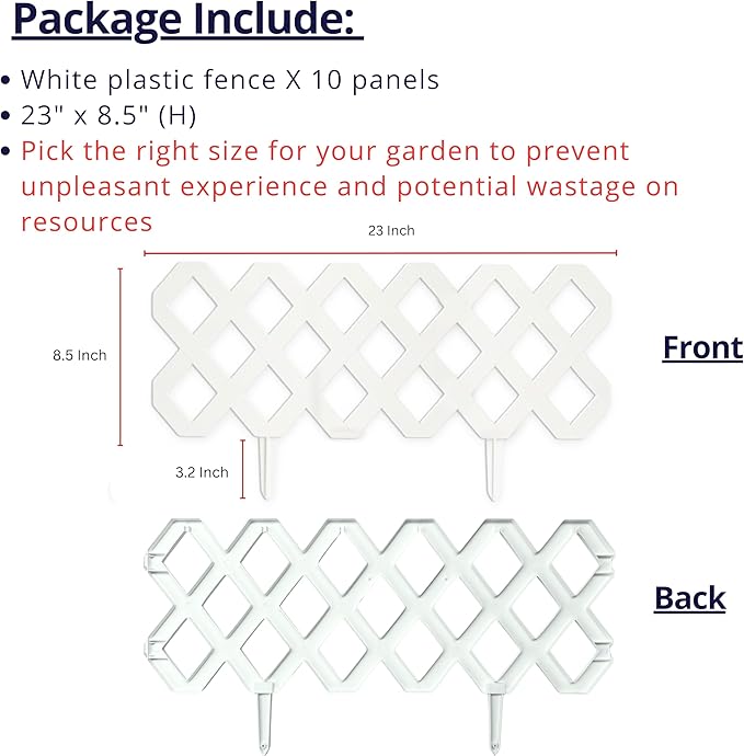 LaLaGreen Garden Edging Border (23x8.5 Inch, 10 Pack) White Plastic Fence Panels, Landscape Edging for Yard Lawn Patio Pathways Trees, Decorative Flower Bed Borders Outdoor Style Decor