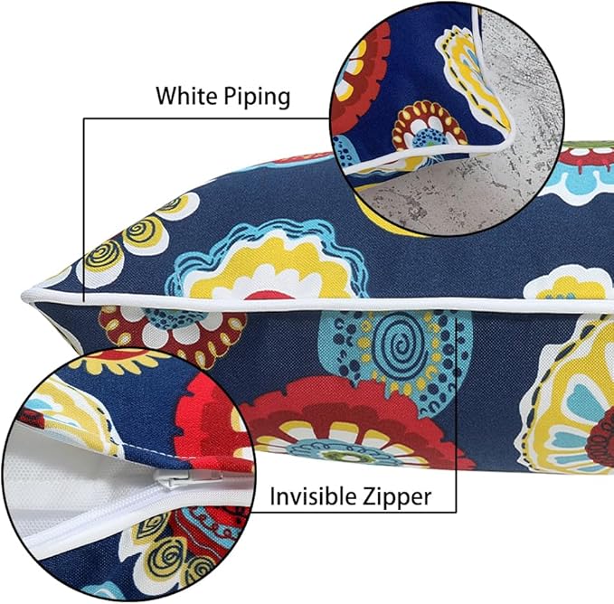 Magpie Fabrics Pack of 2 Outdoor Lumbar Pillow Case Covers 12"x20", Waterproof Rectangular Throw Pillowcase Shell Decorative Sham for Patio Garden Couch - Floral Navy