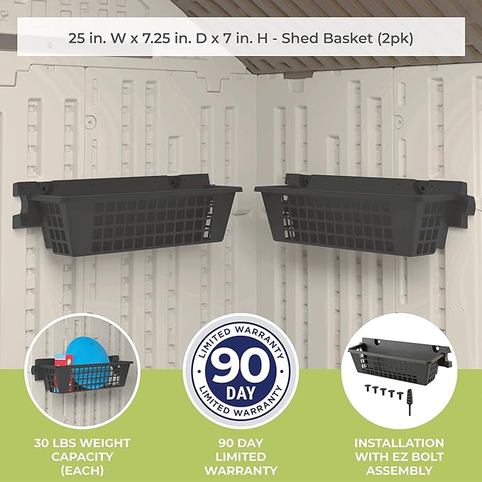 Suncast 4 Pack Accessory Baskets, Resin Organizers for Shed, Black, 25" x 7.25" x 7" - Outdoor Storage, 30 lb Weight Capacity, EZ Bolt Wall-Mount