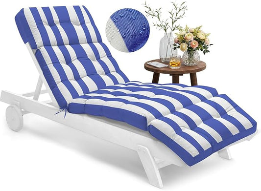Outdoor Chaise Lounge Chair Cushion Waterproof 74.4 x 22 x 4.7 Inches Memory Foam Lounge Chair Cushions for Outdoor Furniture with Ties, Thickened Pool Lounge Chair Cushion, Stripe Blue&White