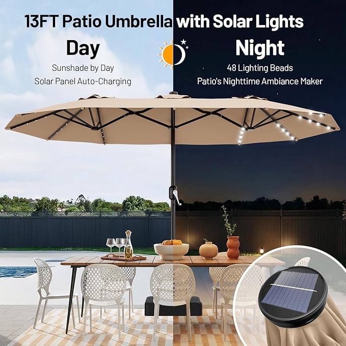 AreShark 13 FT Patio Umbrella with Solar Lights, Double-Sided Outdoor Table Umbrellas with Crank, Large Rectangular Market Umbrella for Porch, Lawn, Pool, Backyard, Beige