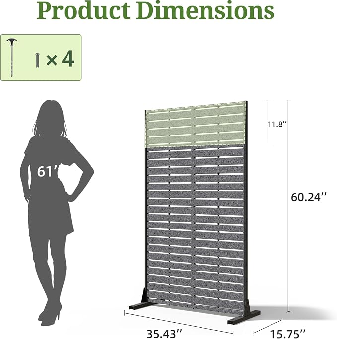 Privacy Screen Outdoor 60" Hx35 W Freestanding Privacy Panel with Stand, HDPE Decorative Privacy Fence with Sandblasting Louver Pattern, Patio Divider Screen, Privacy Screens for Outside