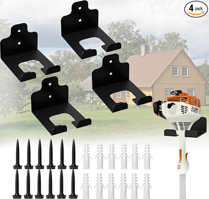 4PCS Garage Organizer Trimmer Rack, Wall Mounted Tool Hanger for Grass Trimmer, Hedge Trimmer, Weed Whackers & Garden Tools – Heavy Duty, Space-Saving, Anti-Rust Storage Rack for Garage & Home