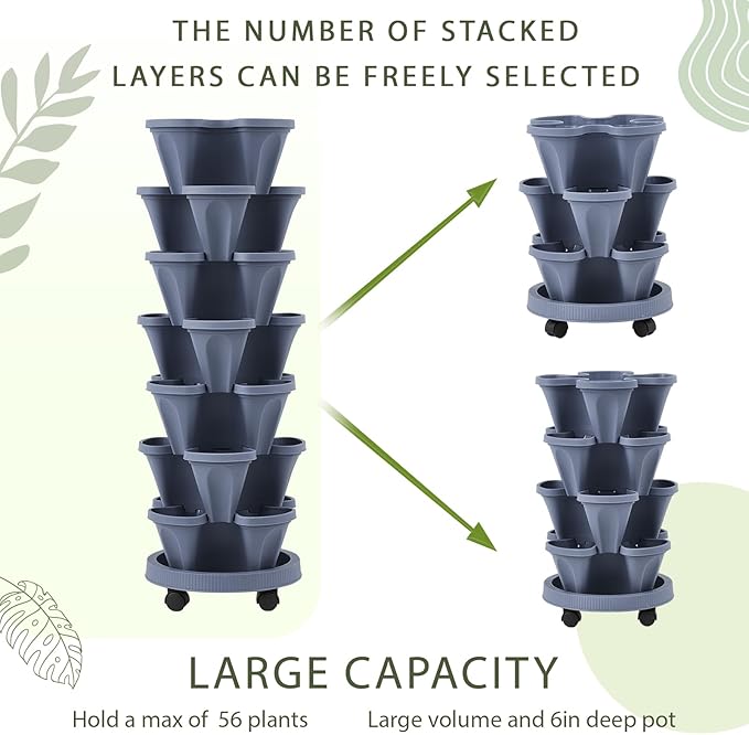 Umigy 1 Set Dark Gray 7 Tier Vertical Planter Stackable Tower Planters Strawberry Herb Flower and Vegetable Pots Indoor Outdoor Gardening Pots with Removable Wheels and Tools