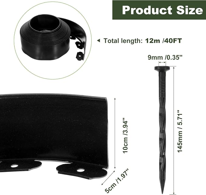 uxcell Landscape Edging, 1Pcs 40FT x 3.94" - Garden Edging Kit with 36 Stakes, Landscape Edging Border for Garden Lawn Flower Bed Yard Grass (Black)