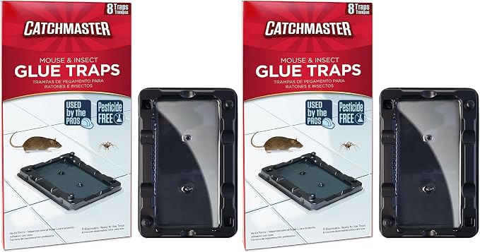 Catchmaster-8 Mouse & Insect Glue Traps, Heavy-Duty Pesticide-Free Sticky Mouse Traps Indoor for Home, Used by The PROs, Adhesive Rodent & Bug Catcher, Pest Control for House & Garage (Pack of 2)