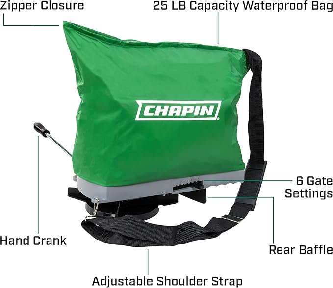 Chapin 84700G Spreader, Lawn and Garden, 25Lbs, Grass Seed, Fertilizers, Granular Material, Handheld, Bag Seeder, Waterproof, 6 Settings, Enclosed Gears, Rear Baffle, Adjustable Gravity Flow
