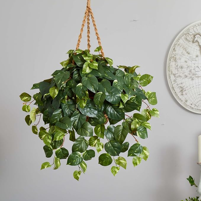 Nearly Natural Pothos Hanging Basket Silk Plant, 29" x 10.25" x 10.25"