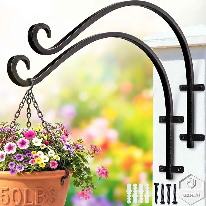 Lifyzoon Heavy Duty Hanging Plant Bracket: 50lbs Weight Capacity - Bird Feeder Hangers 2 Packs, 12-Inch Black Metal Plant Bracket Wall Hook for Birdhouse, Wind Chimes, Lanterns, Easy to Install