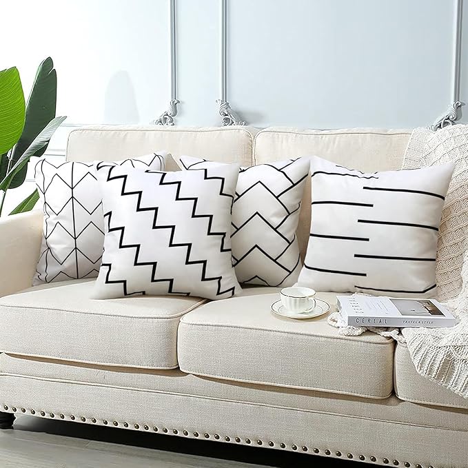 Adabana Outdoor White Pillow Covers Set of 4 18 x 18 Boho Gemetric Decorative Throw Pillow Cover for Farmhouse Patio Couch Sofa Living Room Country