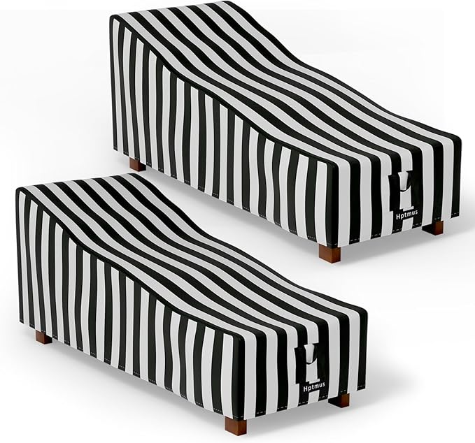 2-Pack Outdoor Chaise Lounge Covers - Waterproof Heavy Duty Patio Furniture Covers, 68" L x 30" W x 30" H, Black & White Stripe