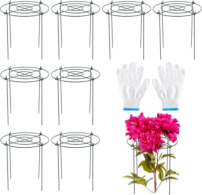 8 Pack Heavy Duty Metal Peony Cage and Supports, 4 Legs Plant Support Ring for Outdoor Plants Rose Sage Peonies Cucumbers Tomato Strawberry(11.8" Dx16 H)