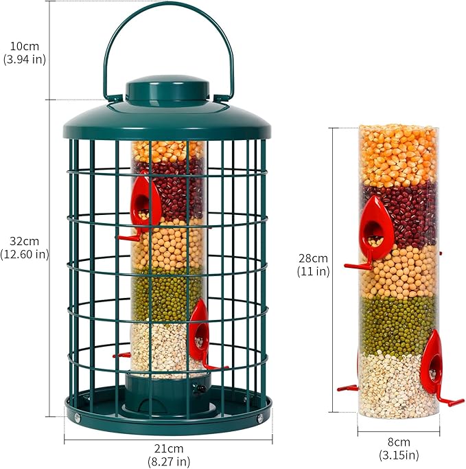 Mosloly Caged Bird Feeder for Wild Birds Outside, Large Squirrel-Proof Heavy-Duty Metal Hanging Tube Bird Feeder, 4 Feeding Ports, 13.2'' High, 3LB Seed Capacity (Green)