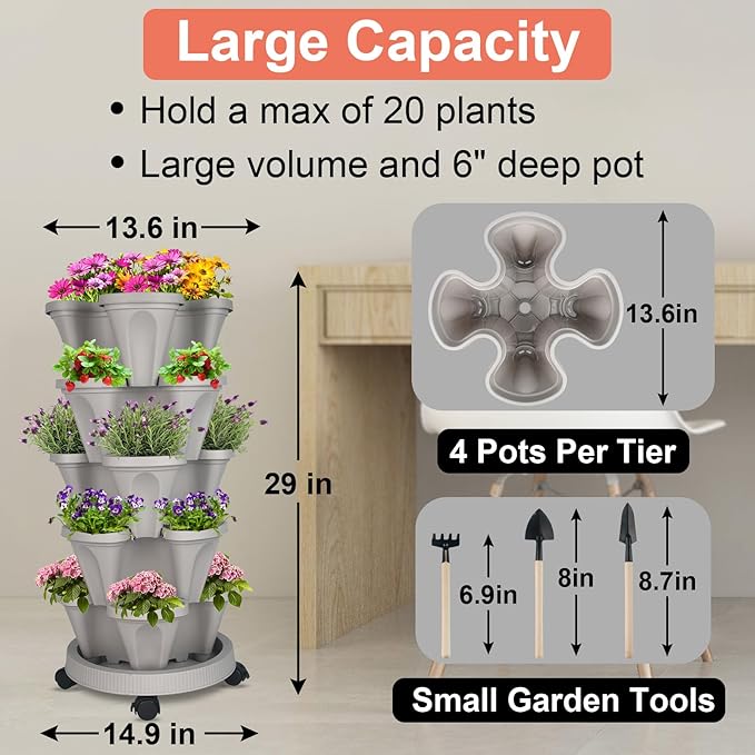 GameXcel Vertical Planter Tower - 5 Tier Stackable Garden Planters with Wheels and Tools Plant Pots for Strawberry Herb Flower and Vegetable Indoor Outdoor Use Gray