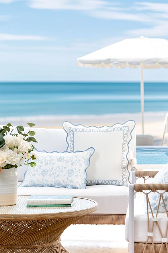 Hofdeco Premium Coastal Patio Indoor Outdoor Scalloped Throw Pillow Cover Only, 20"x20" Water Repellent for Backyard, Couch, Baby Blue Embroidered Begonia Pattern Chain Frame (Pack of 2)