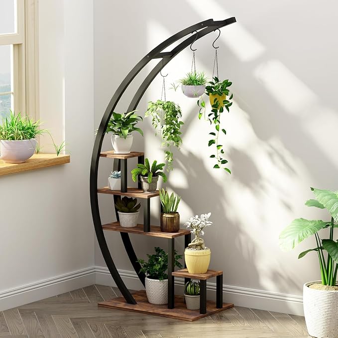 5 Tier Tall Plant Stand Indoor, Half Moon Metal Plant Shelf (2 Pack) for Multiple Plants - Space-Saving Curved Design, Sturdy Indoor/Outdoor Flower Rack, Brown
