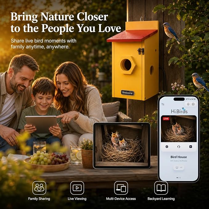 Smart Birdhouse with Camera for Backyard Bird Watching, Wooden Outdoor Nesting Box with App Live View, Motion Detection, Color Night Vision & Two-Way Audio