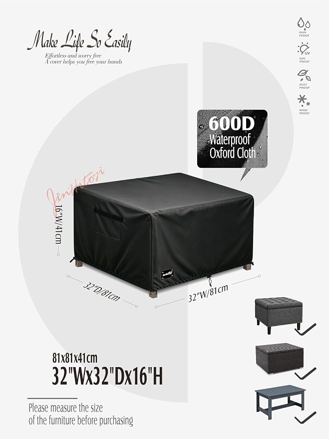 JinHrtoyi Patio Square Table Cover,32Wx32Dx16H Inches 100% Waterproof Heavy Duty Outdoor Coffee Table Cover,Black Minimalism Style Outdoor Furniture Covers