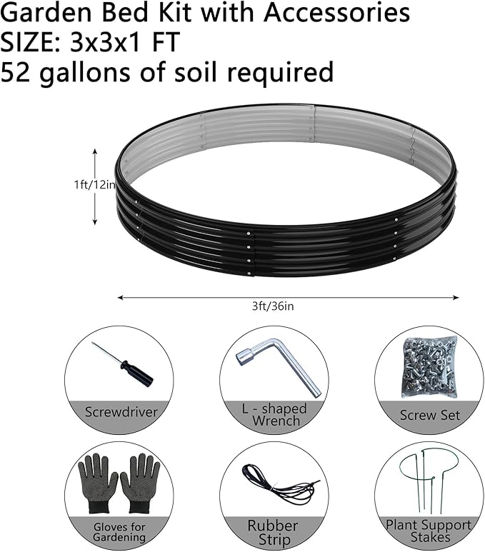 ZFHgarden Galvanized Metal Planter Round Raised Garden Bed Kit for Gardening Outdoor，3x3x1ft Grow Garden Box Raised Flower Bed，Round Galvanized Planter Outdoor Large Metal Fire Pit Ring Black