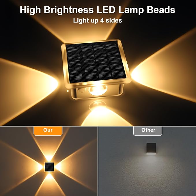 AUDLES Solar Fence Lights Outdoor, New 4-Sided Lighting Wall Lights Solar Powered with 3 Modes 3000K 4000K 6000K, IP65 Waterproof Solar Light for Patio Pathway Deck Backyard Decor-12 Pack