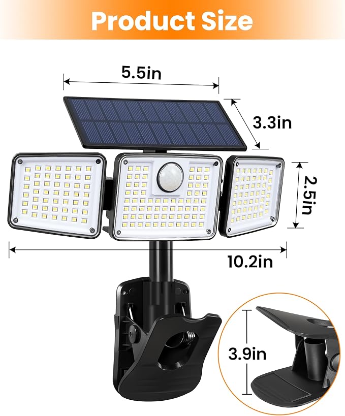 Clip on Solar Lights, 1500LM Motion Sensor Security Lights with Remote Control, 270°Wide Angle Solar Flood Light, 3 Heads High Bright Solar Lights Outdoor Waterproof for Fence Gutter Yard（2Pack)