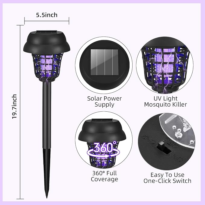2026 Solar Bug Zapper Outdoor Waterproof,4 Pack Mosquito Zapper Repellent Outdoor Patio,Auto On/Off Purple or White Light,Solar Powered Gnat Insect Bug Zappers for Yard Garden Backyard Pathway