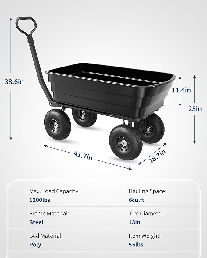 Heavy Duty Gorilla Cart-Style Dump Utility Wagon, 1200lb Poly Wheelbarrow with 13" All-Terrain Tires, Quick-Release Yard Garden Cart on Wheels for Landscaping, Lawn Tractor Tow, 4 cu.ft