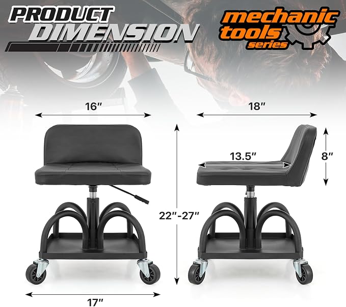 M-AUTO Padded Seat Garage Stool on Wheels, 16”-21” Height Adjustable Swivel Mechanics Seat with Tool Tray Storage for Garage and Garden, 300lbs Capacity